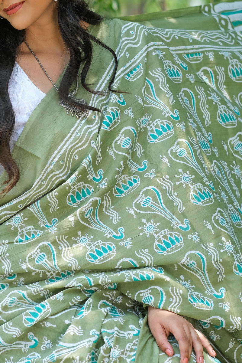 Cotton MulMul Light Green Printed Sarees