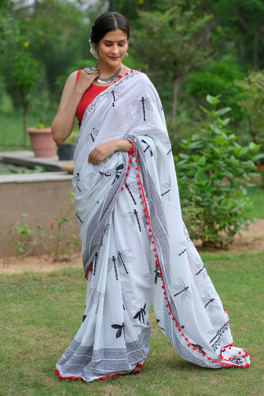 Printed Black n White Print Cotton MulMul Saree