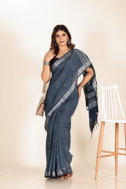 Premium Blue Indigo Cotton Linen Saree