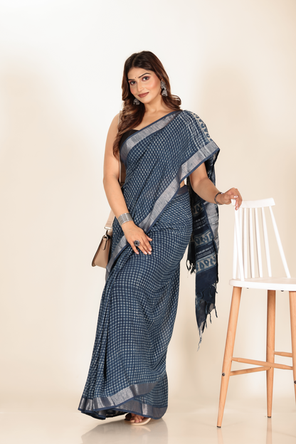 Premium Blue Indigo Cotton Linen Saree