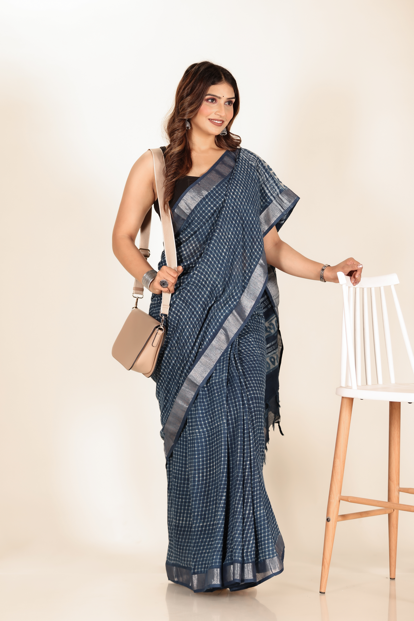 Premium Blue Indigo Cotton Linen Saree