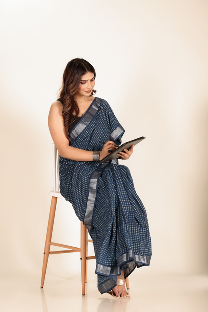 Premium Blue Indigo Cotton Linen Saree