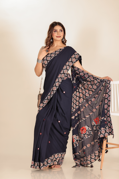 Ajrakh Patch Work Blue Cotton MulMul Saree