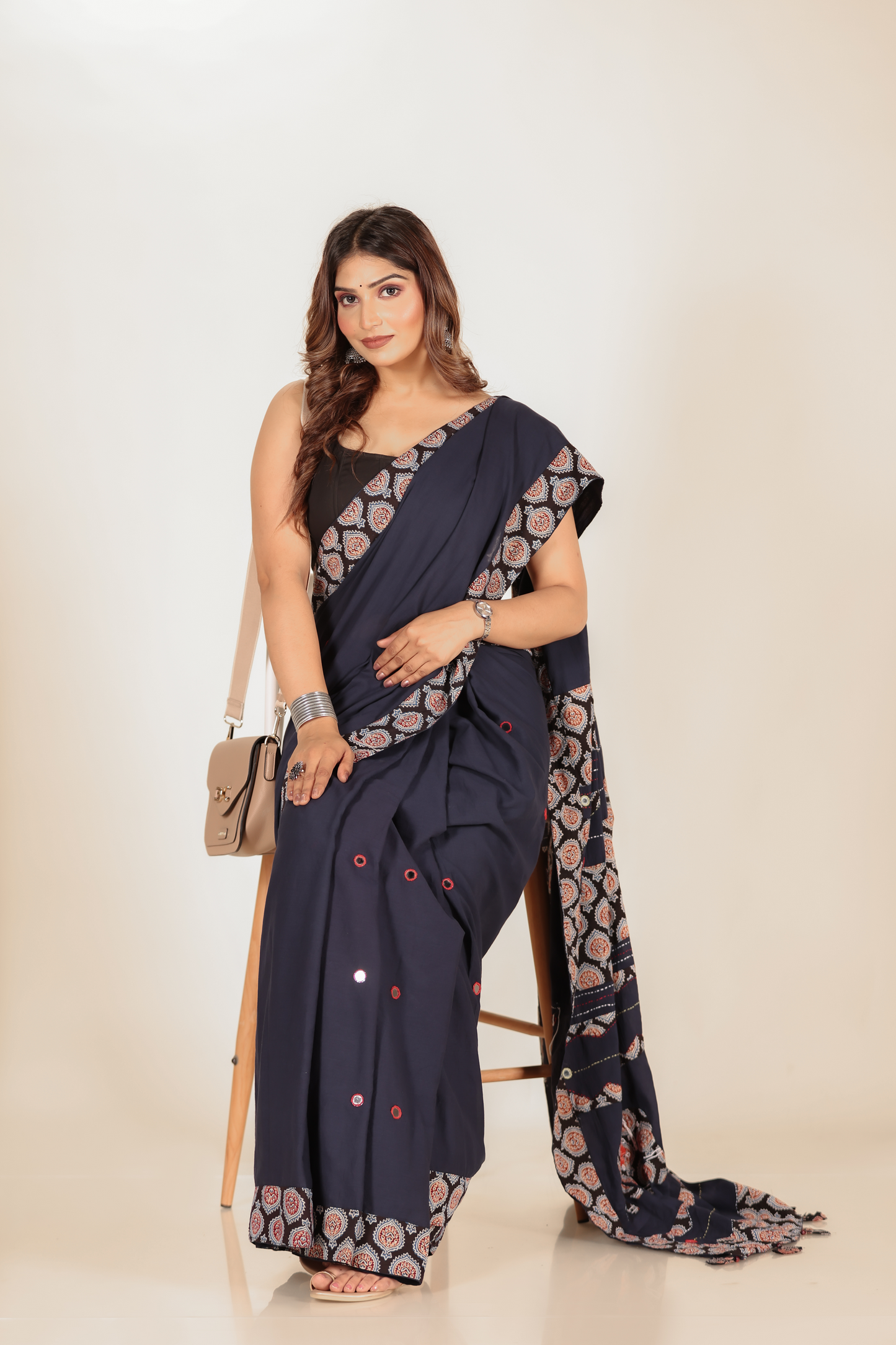 Ajrakh Patch Work Blue Cotton MulMul Saree