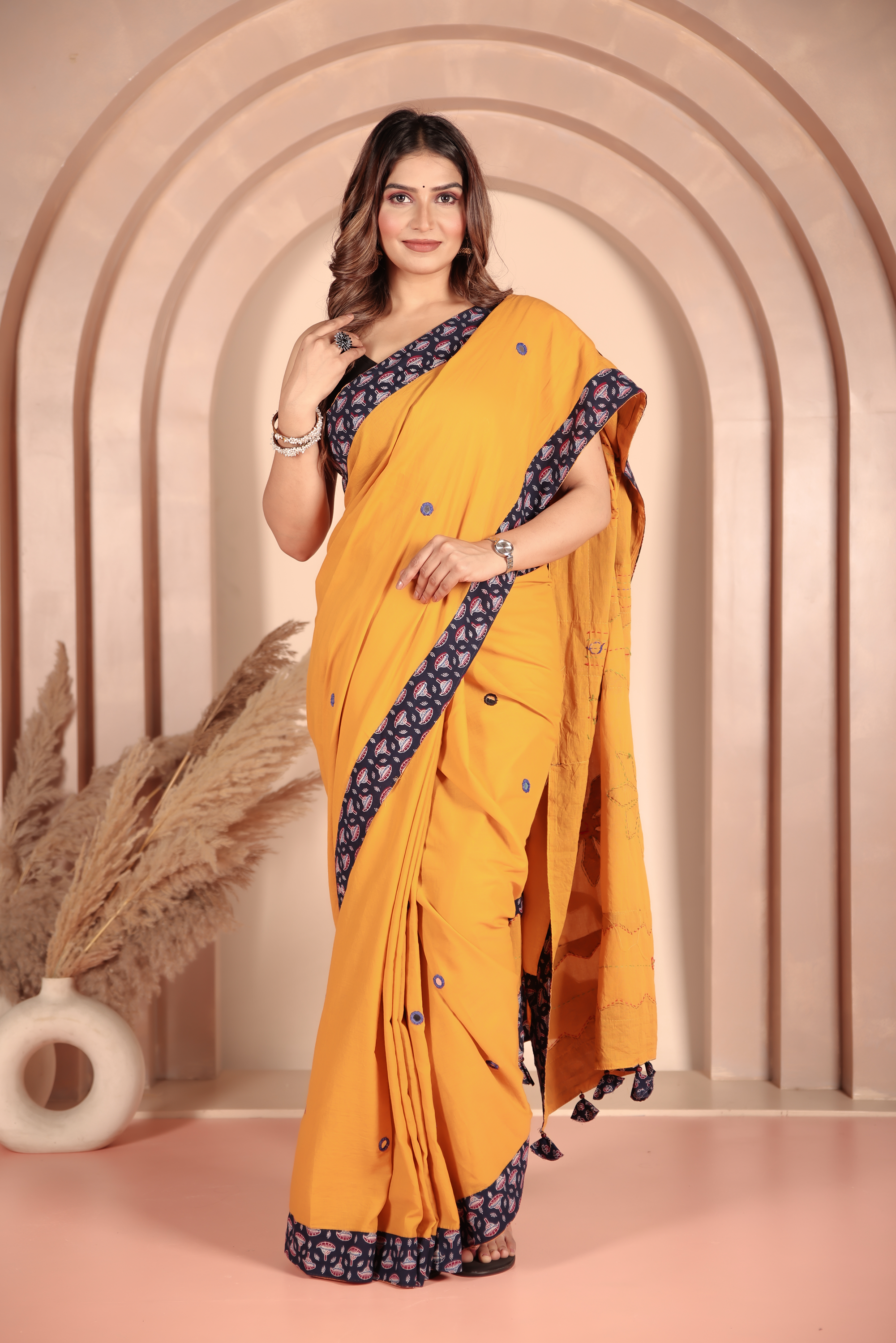 Ajrakh Patch Work Yellow Cotton MulMul Saree