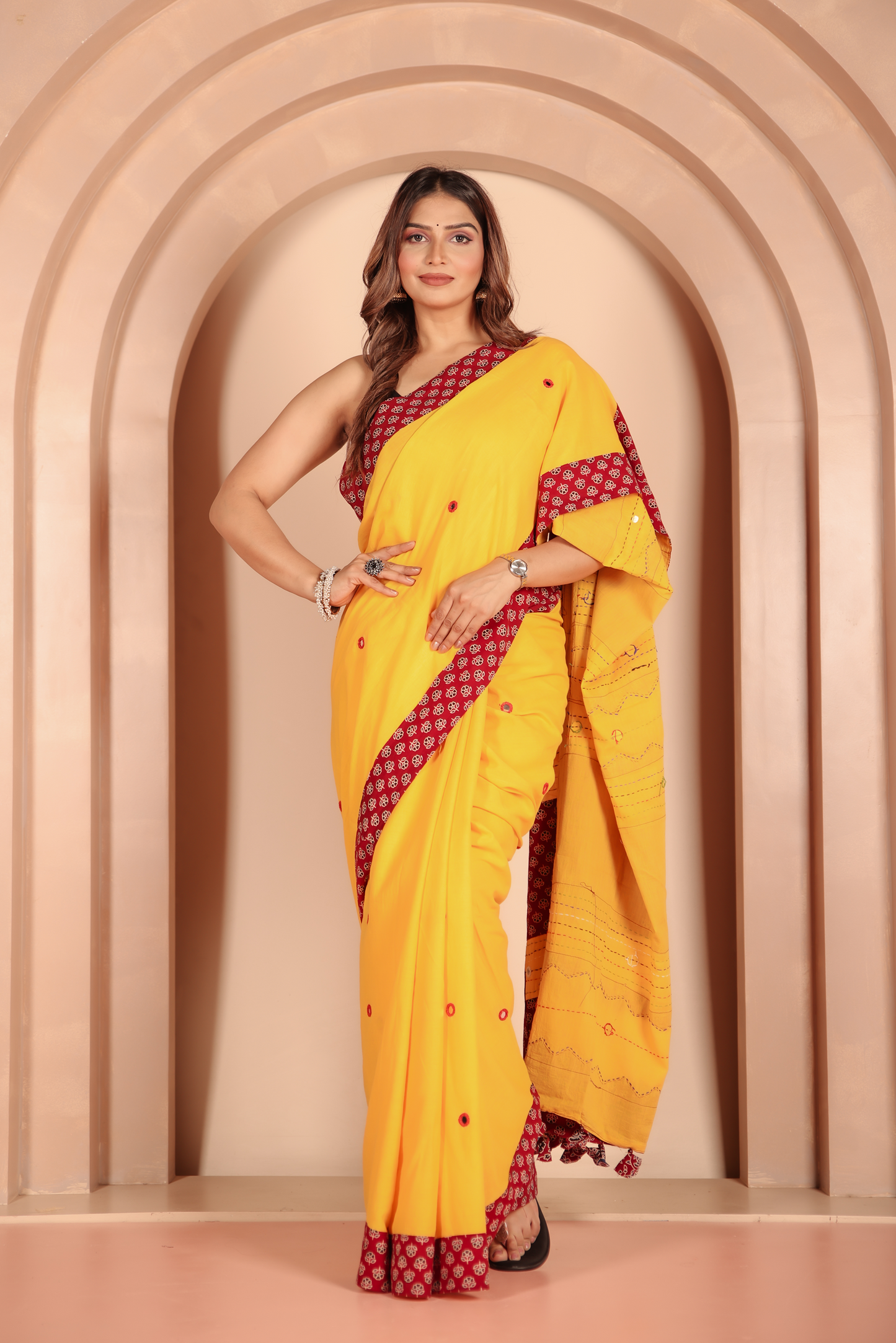 Ajrakh Patch Work Yellow Cotton MulMul Saree