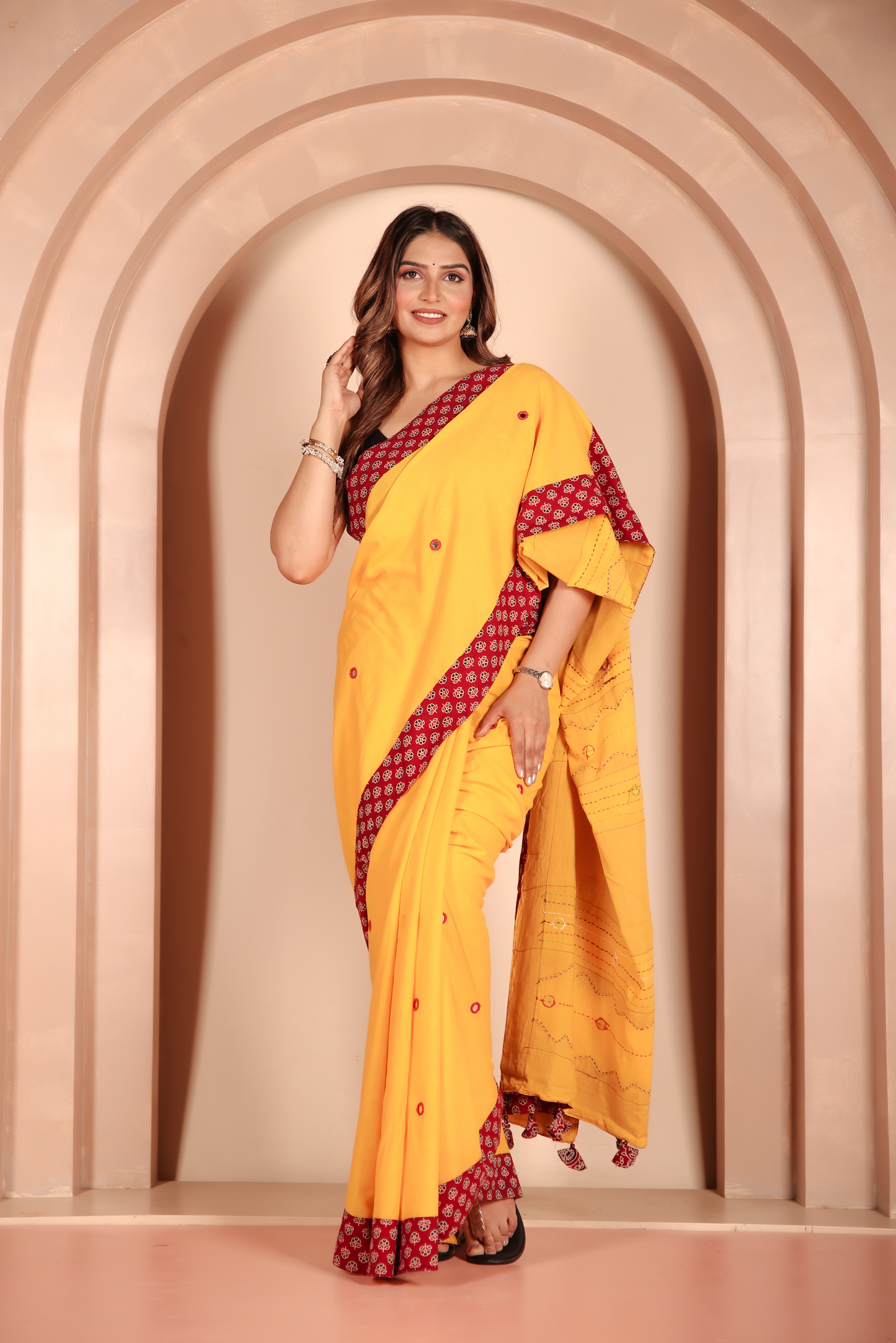 Ajrakh Patch Work Yellow Cotton MulMul Saree