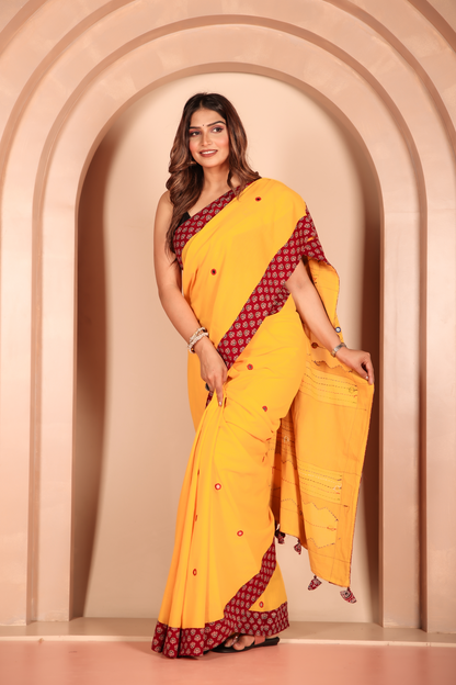 Ajrakh Patch Work Yellow Cotton MulMul Saree