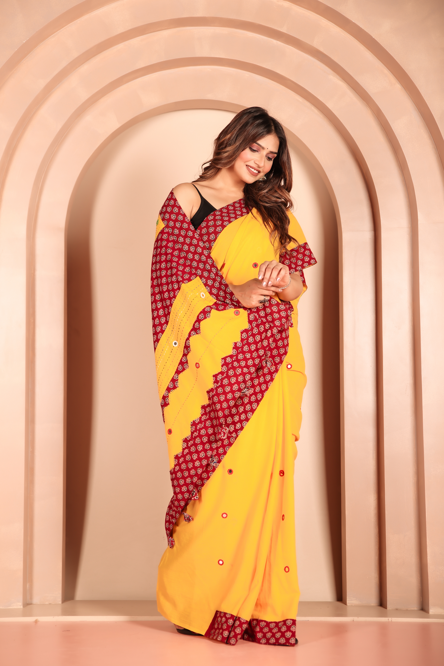 Ajrakh Patch Work Yellow Cotton MulMul Saree