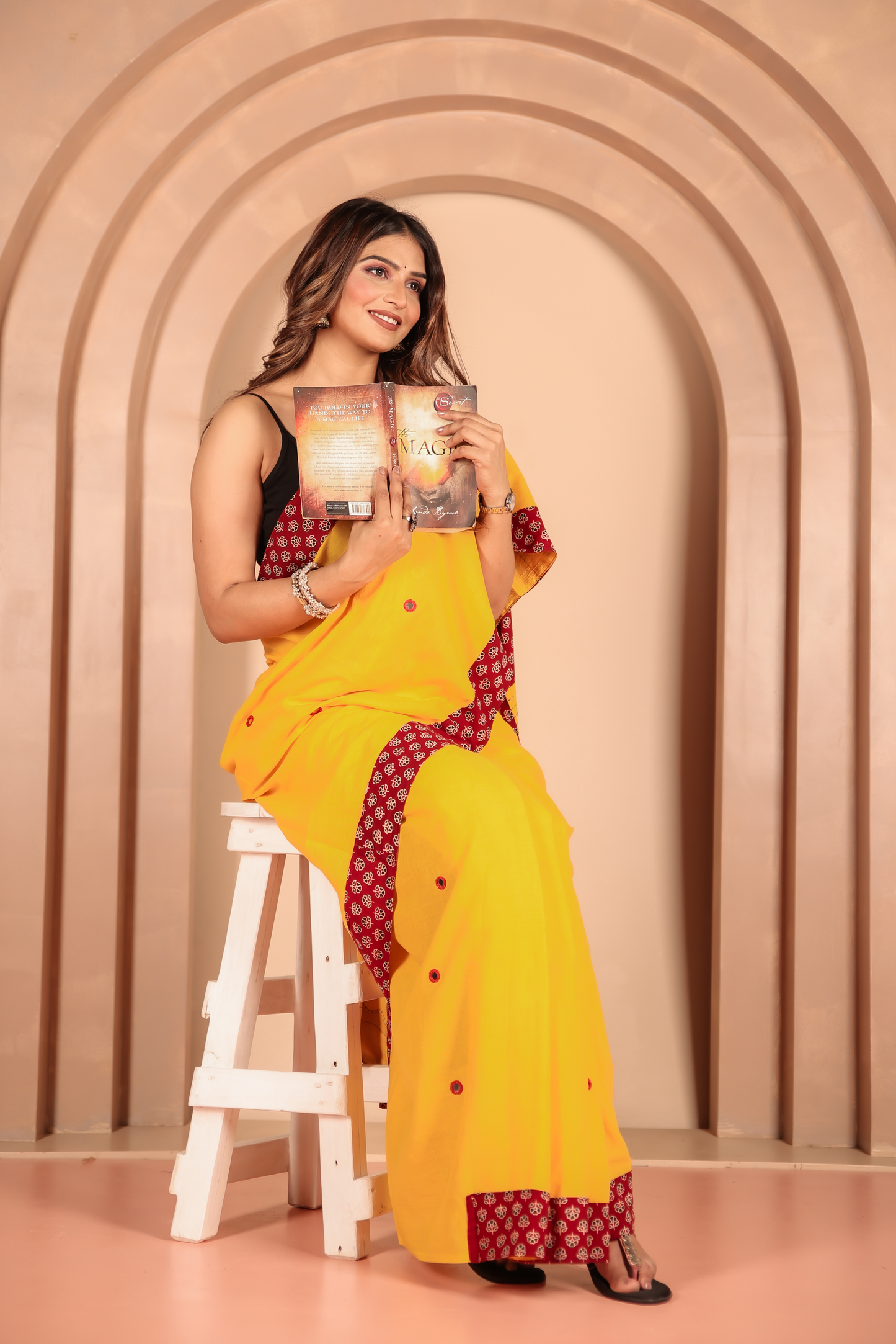 Ajrakh Patch Work Yellow Cotton MulMul Saree