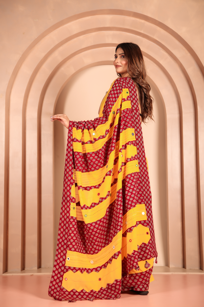 Ajrakh Patch Work Yellow Cotton MulMul Saree