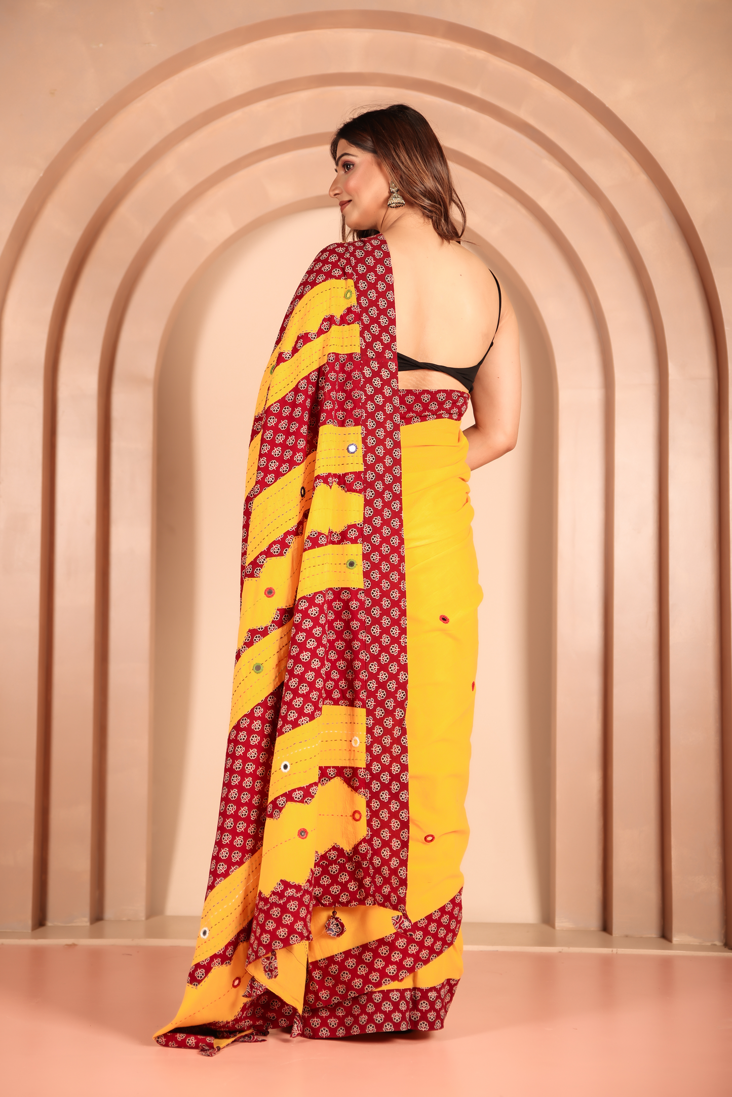 Ajrakh Patch Work Yellow Cotton MulMul Saree