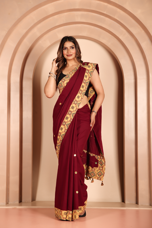 Ajrakh Patch Work Red Cotton MulMul Saree