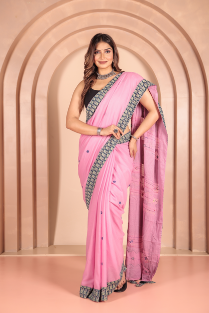 Ajrakh Patch Work Pink Cotton MulMul Saree