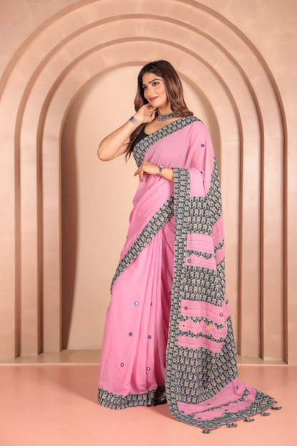 Ajrakh Patch Work Pink Cotton MulMul Saree