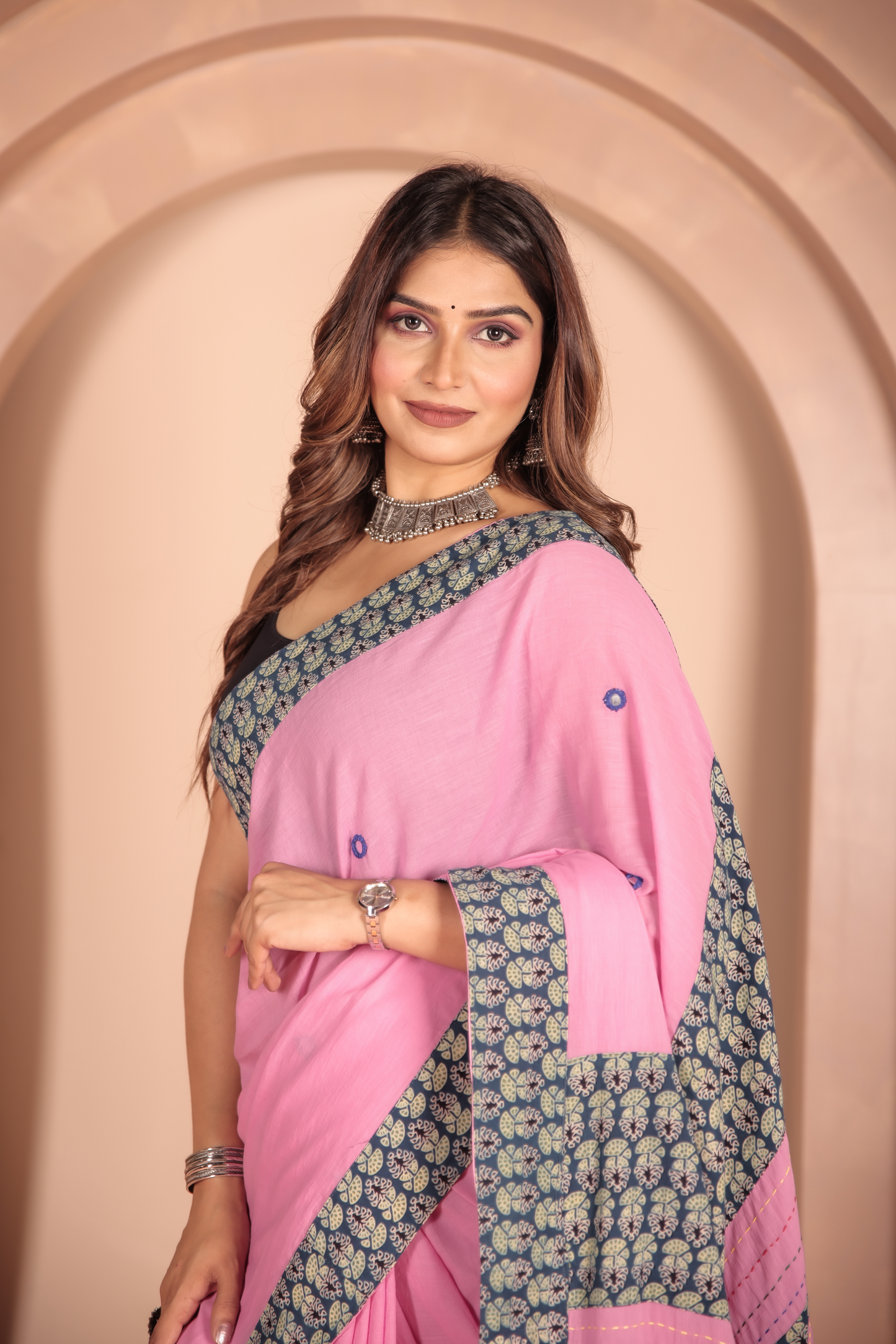 Ajrakh Patch Work Pink Cotton MulMul Saree