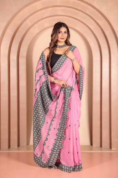 Ajrakh Patch Work Pink Cotton MulMul Saree