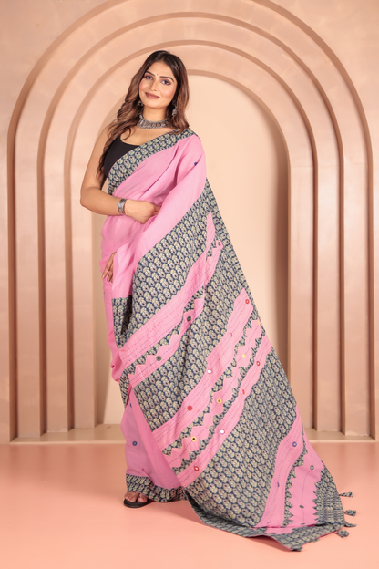 Ajrakh Patch Work Pink Cotton MulMul Saree