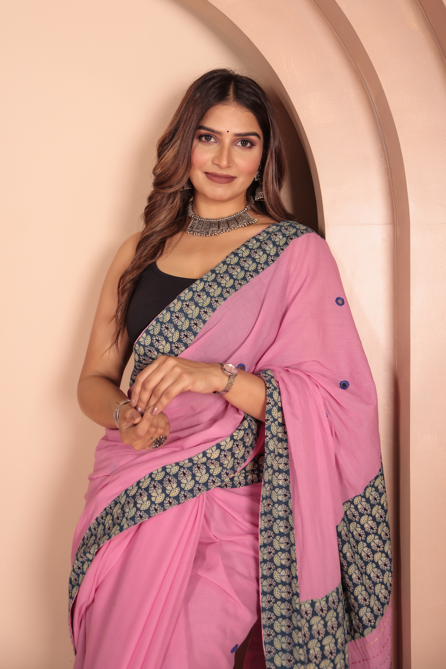 Ajrakh Patch Work Pink Cotton MulMul Saree