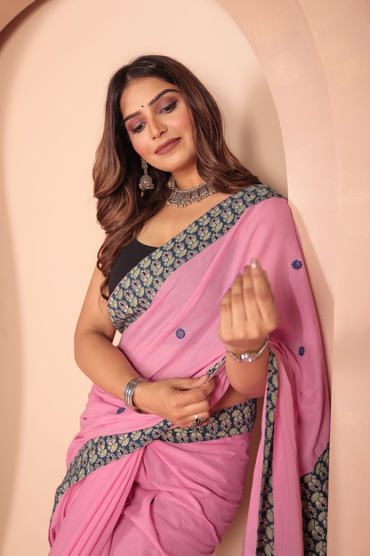 Ajrakh Patch Work Pink Cotton MulMul Saree