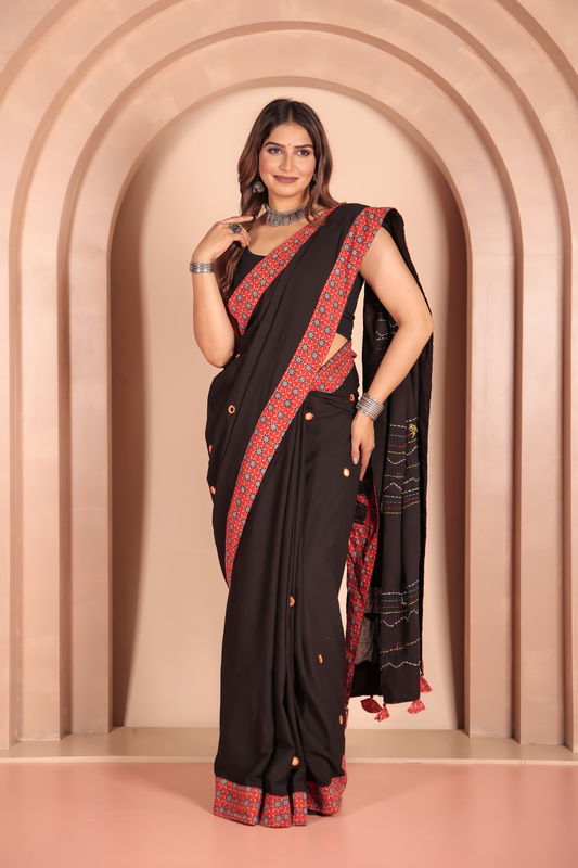 Ajrakh Patch Work Black Cotton MulMul Saree