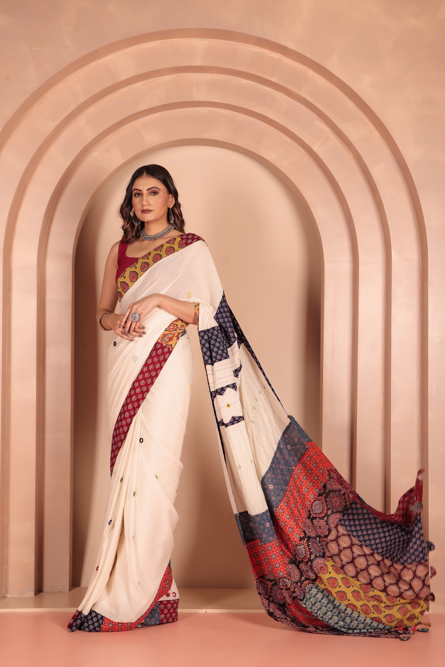 Ajrakh Patch Work White Cotton MulMul Saree