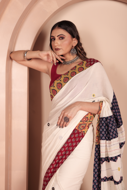 Ajrakh Patch Work White Cotton MulMul Saree