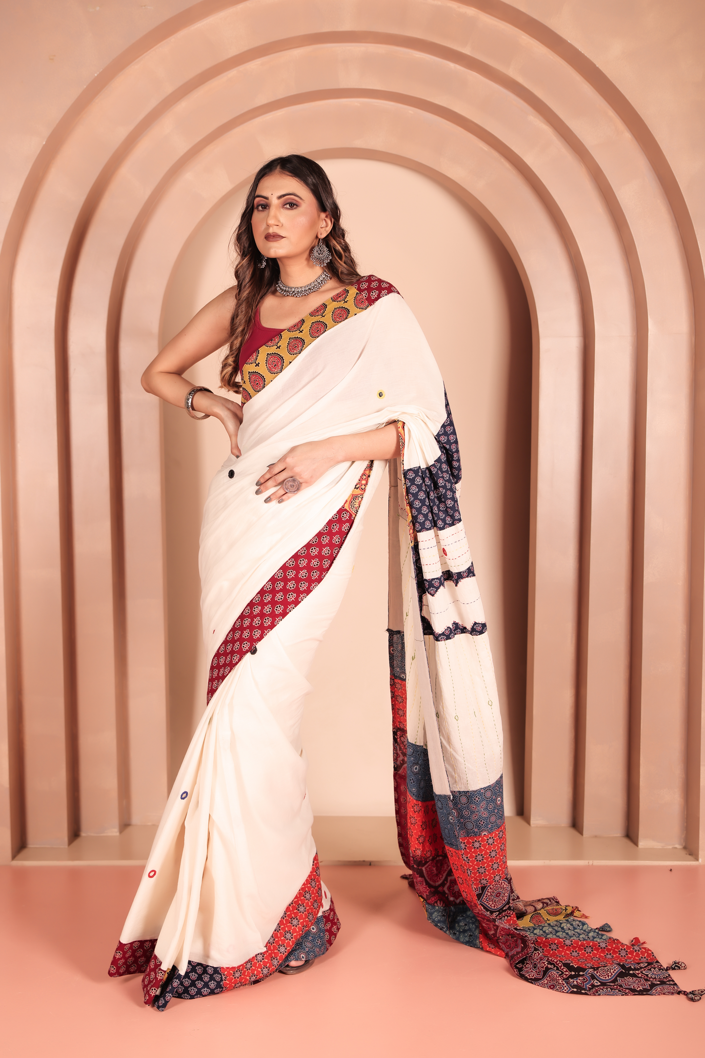 Ajrakh Patch Work White Cotton MulMul Saree