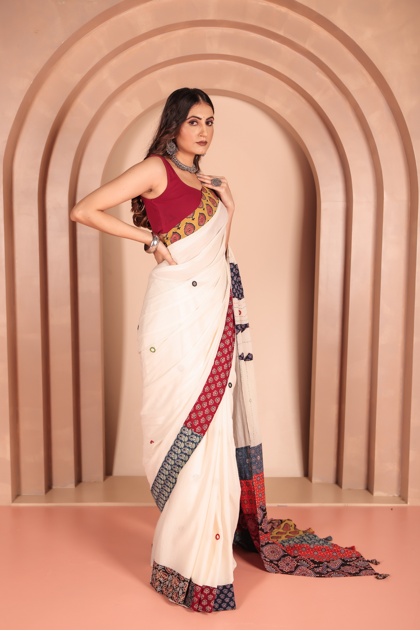 Ajrakh Patch Work White Cotton MulMul Saree