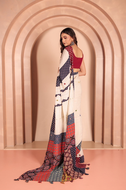 Ajrakh Patch Work White Cotton MulMul Saree