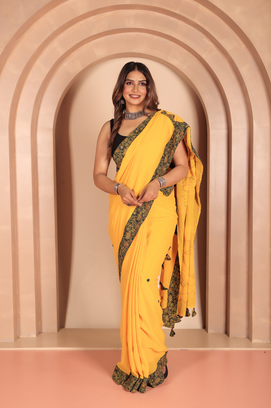 Ajrakh Patch Work Yellow Cotton MulMul Saree