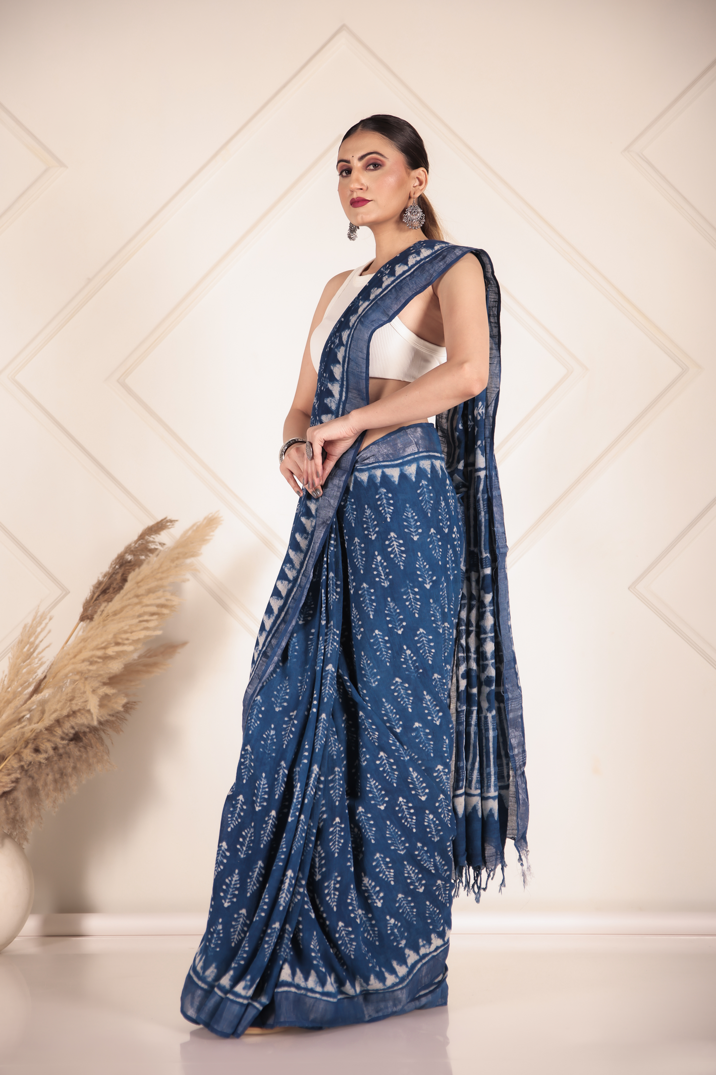 Premium Blue Indigo Cotton Linen Saree