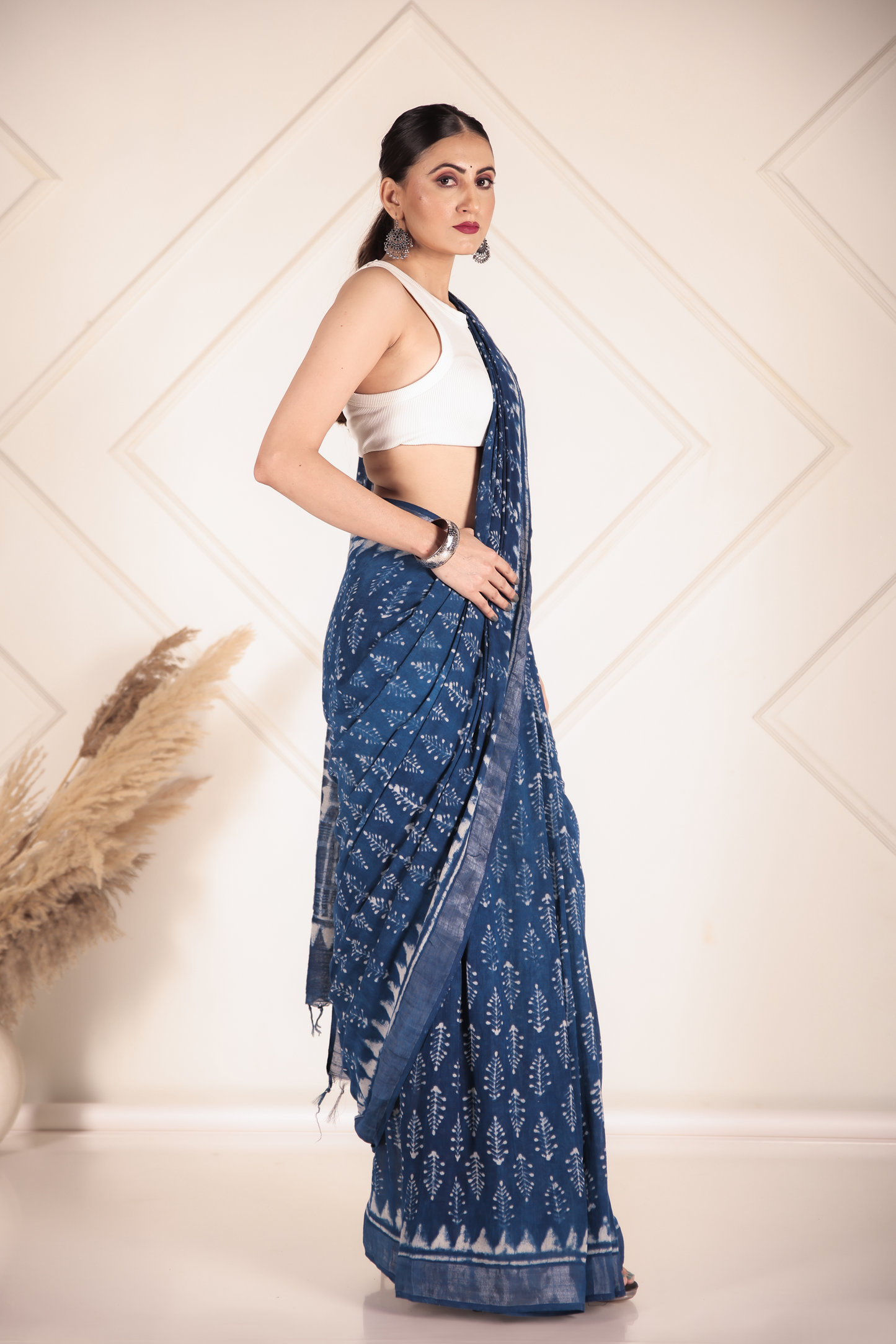 Premium Blue Indigo Cotton Linen Saree