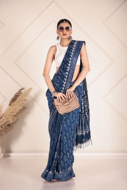 Premium Blue Indigo Cotton Linen Saree