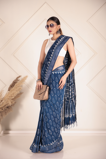 Premium Blue Indigo Cotton Linen Saree