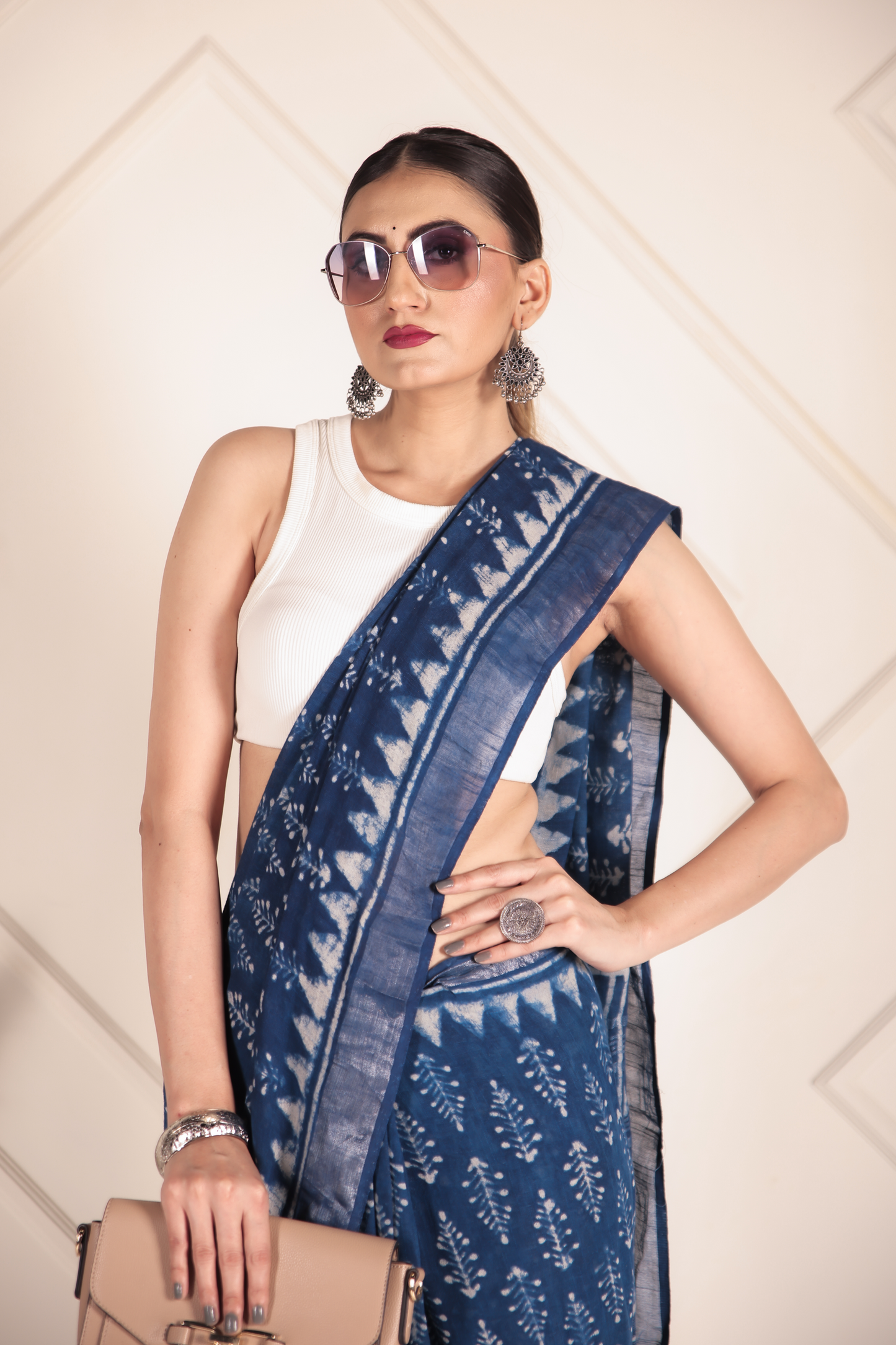 Premium Blue Indigo Cotton Linen Saree