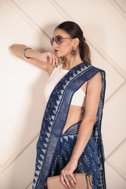 Premium Blue Indigo Cotton Linen Saree