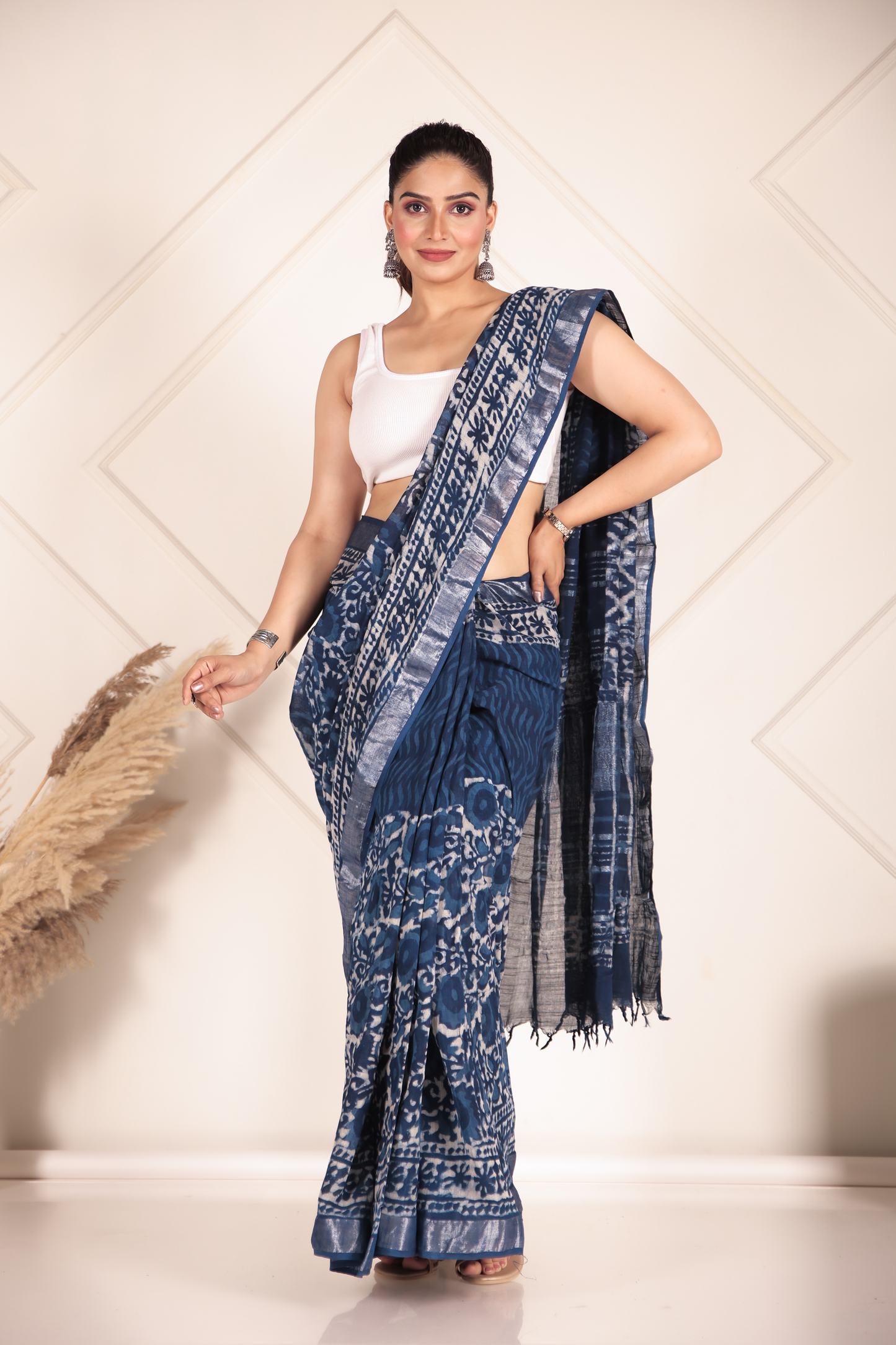 Premium Blue Indigo Cotton Linen Saree