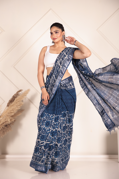 Premium Blue Indigo Cotton Linen Saree