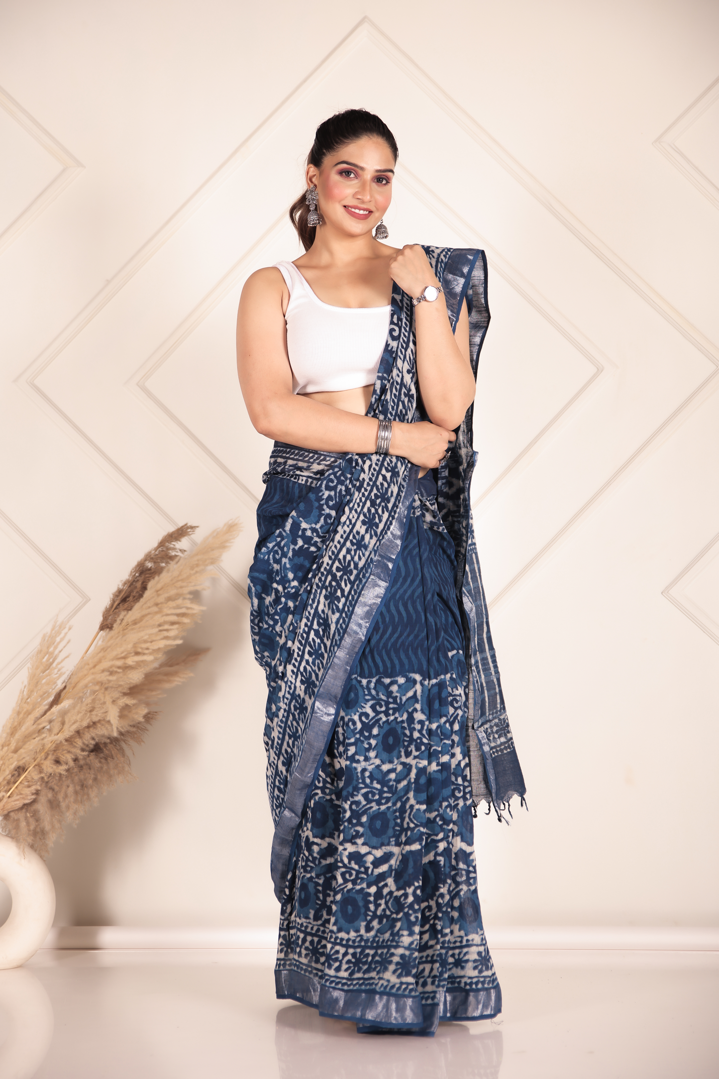 Premium Blue Indigo Cotton Linen Saree