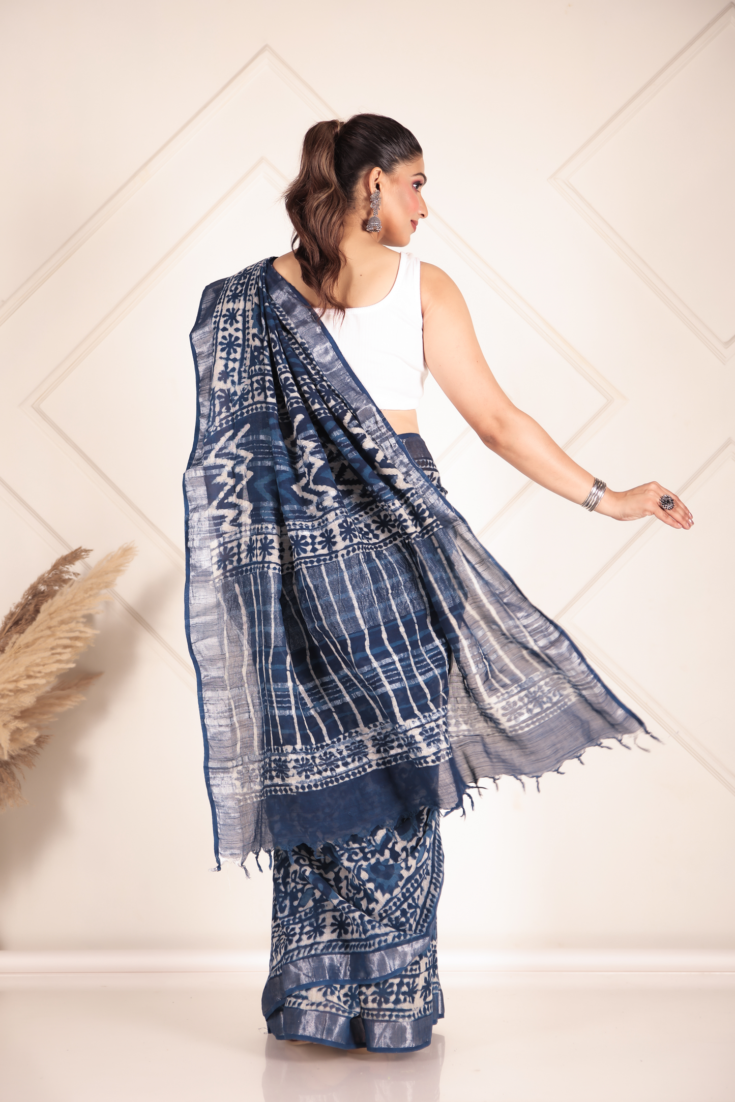 Premium Blue Indigo Cotton Linen Saree