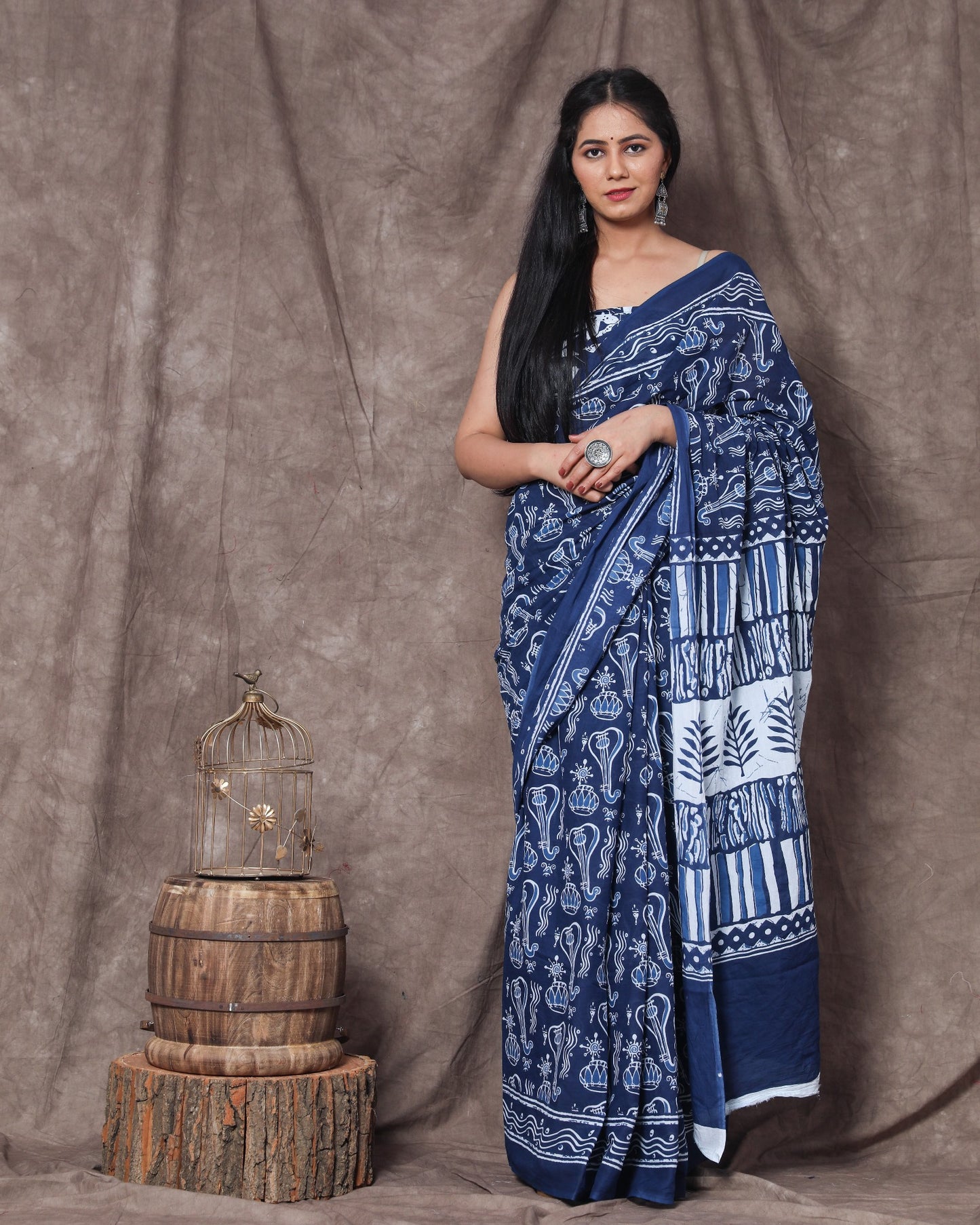 Printed Blue Dabu Print Cotton MulMul Saree