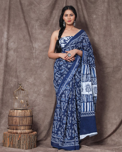 Printed Blue Dabu Print Cotton MulMul Saree