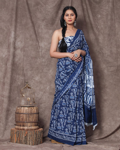 Printed Blue Dabu Print Cotton MulMul Saree