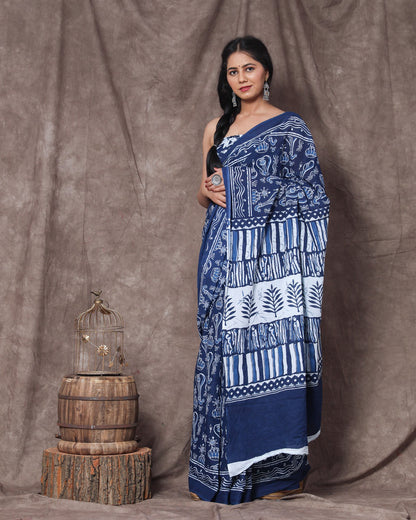 Printed Blue Dabu Print Cotton MulMul Saree