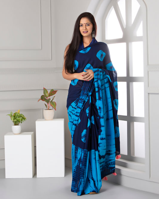 Printed Sky Blue Shibori Print Cotton MulMul Saree