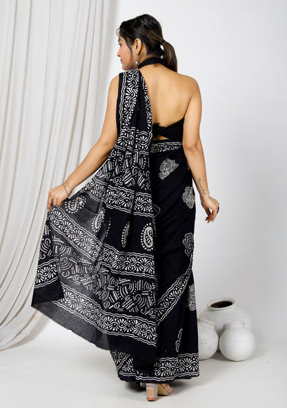 Printed Black n White Print Cotton MulMul Saree