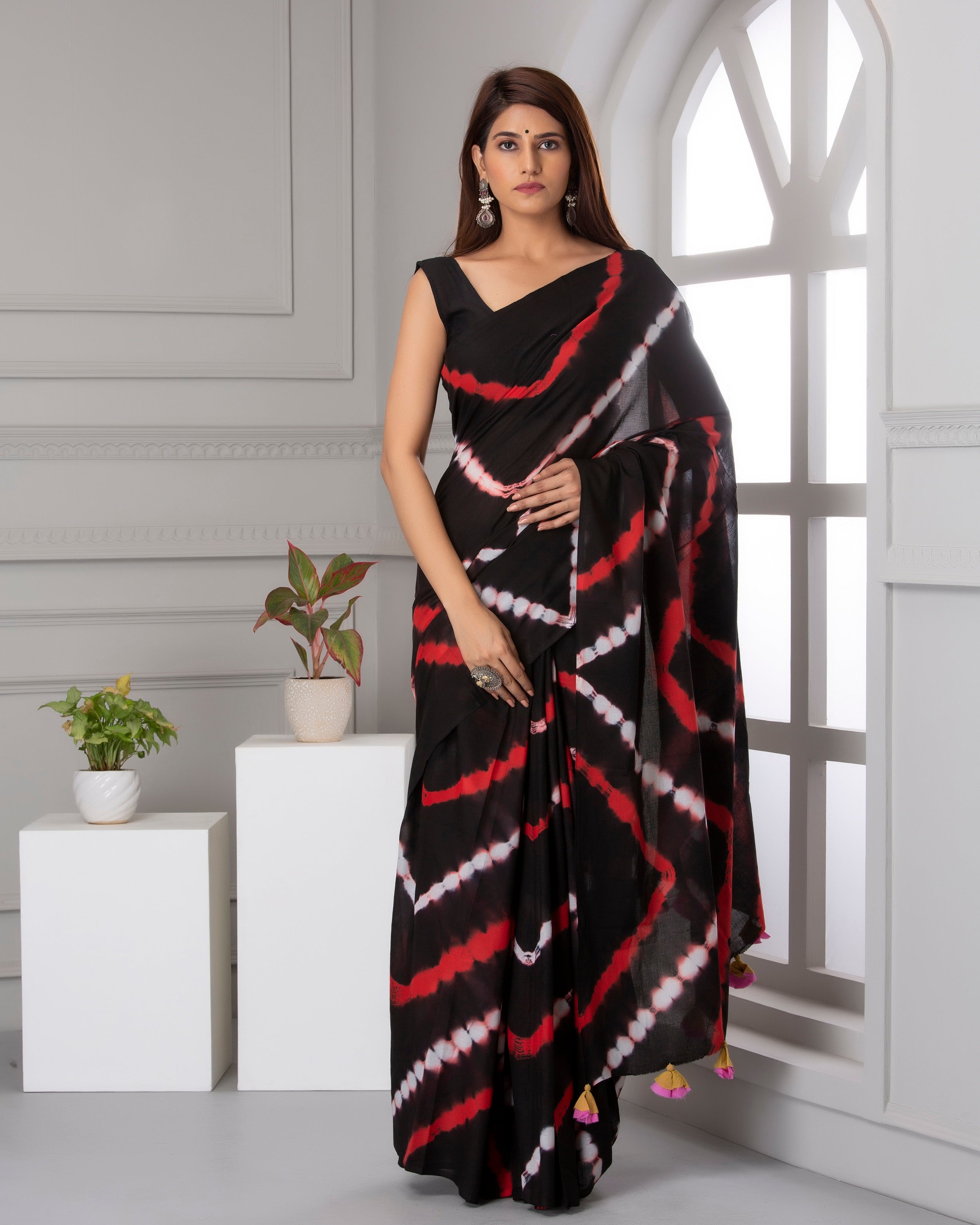 Printed Black Shibori Print Cotton MulMul Saree