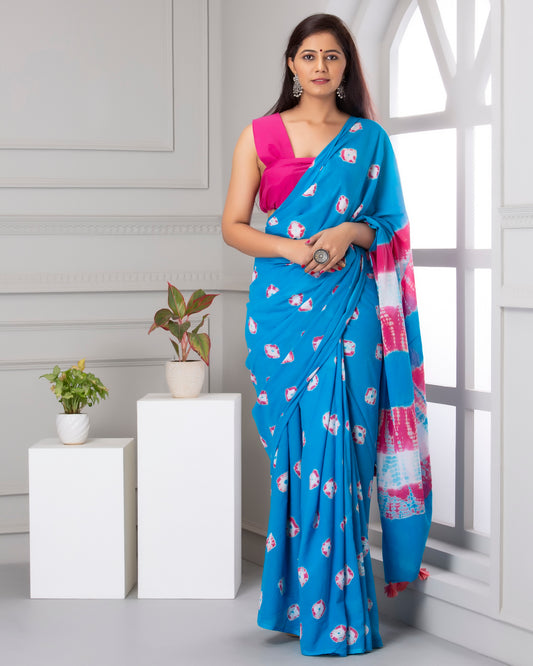 Printed Sky Blue Shibori Print Cotton MulMul Saree