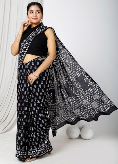 Printed Black n White Print Cotton MulMul Saree